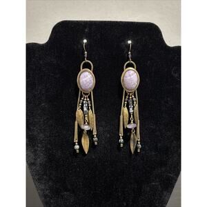 Boho Antique Gold Tone Lavender Stone Dangle Earrings Bohemian Gypsy Style Leaf